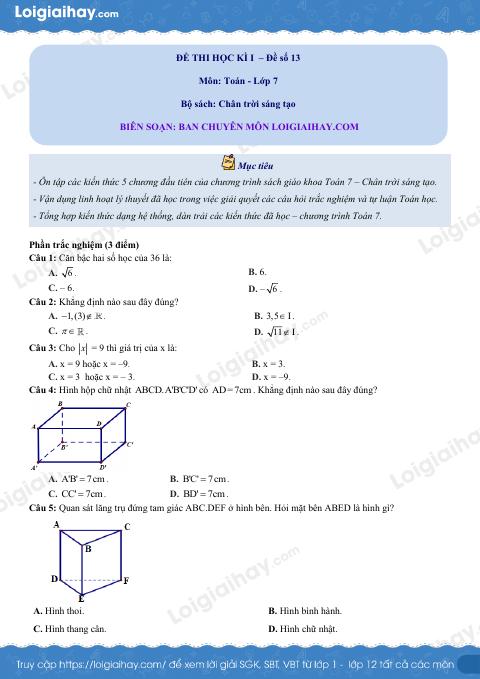 Đề thi học kì 1 Toán 7 Chân trời sáng tạo - Đề số 13